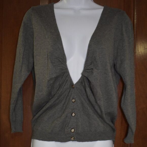 Bisou Bisou Gray Cotton Cardigan Sweater V Neck Button Up Women’s Size Large - Picture 3 of 9